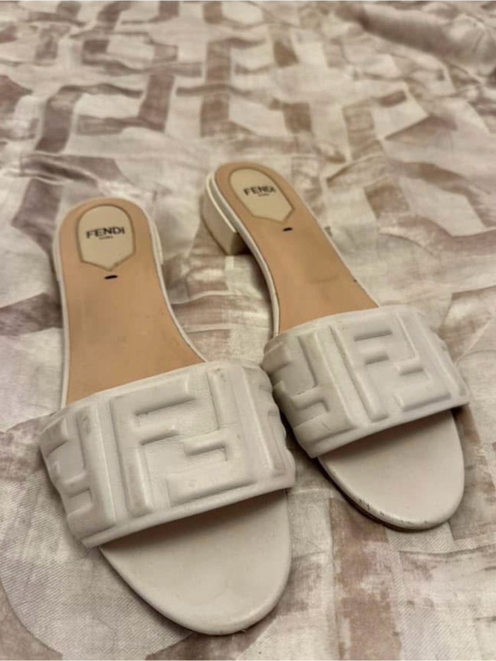 Fendi White Embossed FF Logo Slide Sandals